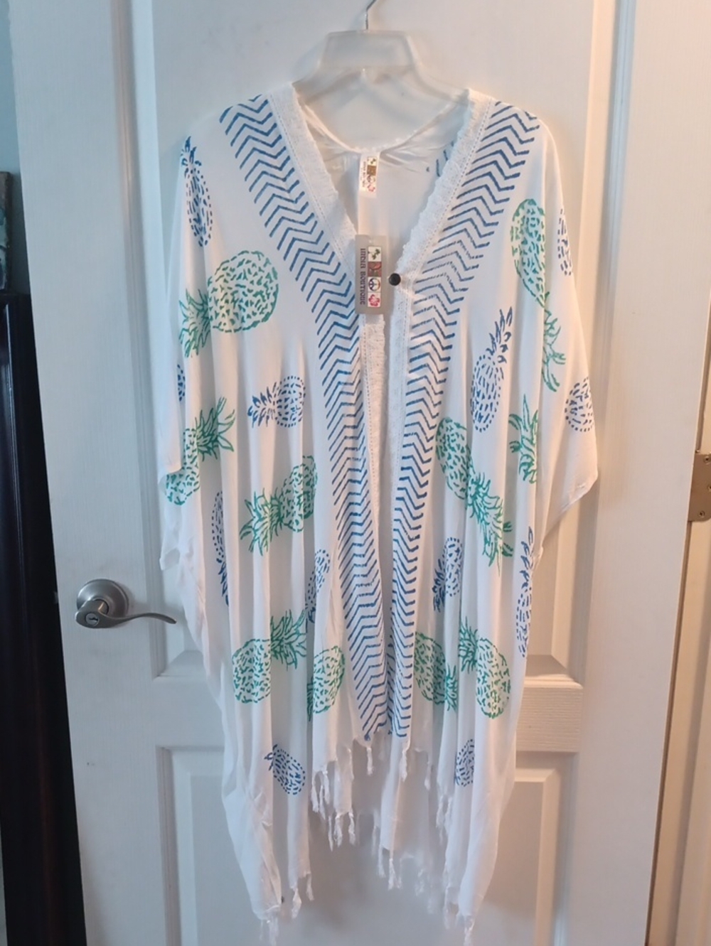 India Boutique White Kimono Cover-Up with Green and Blue Pineapple Print